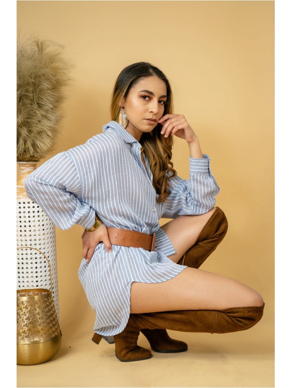 Bella Milas Boutique THE THALIA Women’s Top Shirt Blue white stripes button down